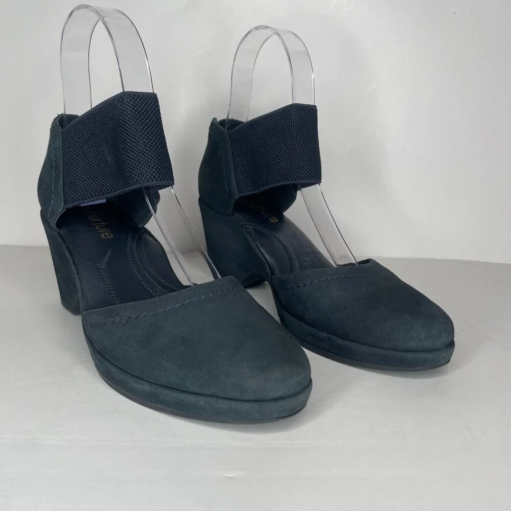 Nurture Larow Navy Blue Leather Wedge Shoes Ankle Band Size 6.5M